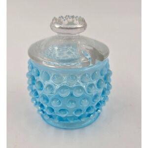 Vintage Fenton BLUE OPALESCENT Hobnail Mustard Condiment Jar W/Lid